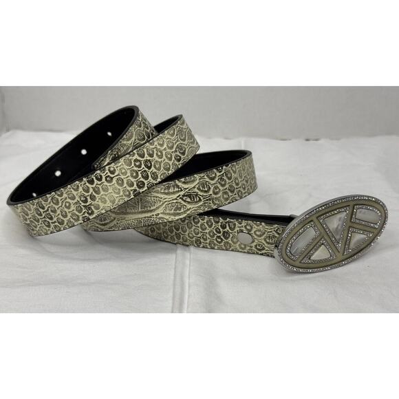 CAbi Accessories - Cabi Beige Faux Leather Emblem Belt With Bling Mother of Pearl Buckle Sz Medium